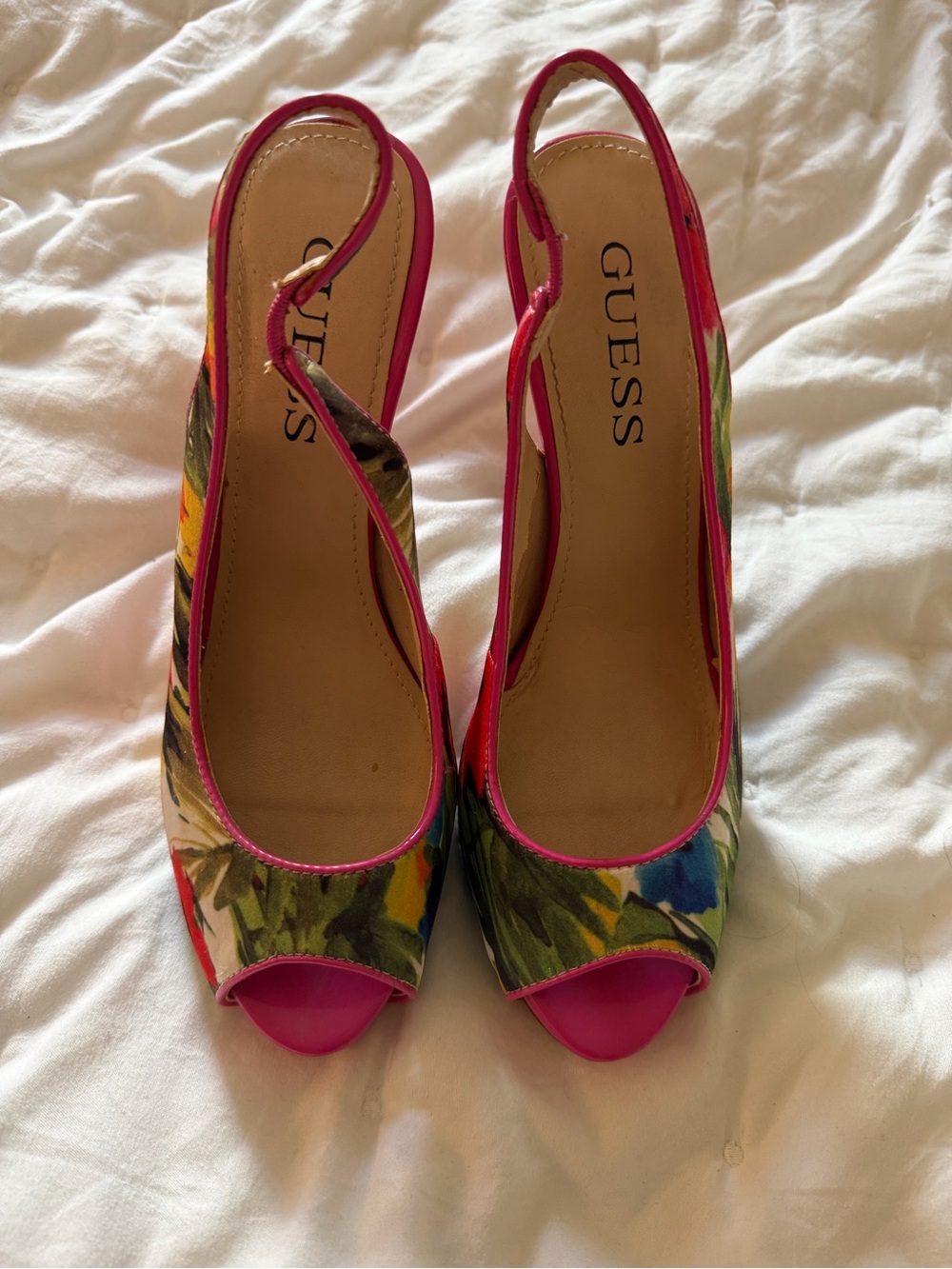 GUESS Floral Peep-Toe Slingbacks with Hot Pink Trim